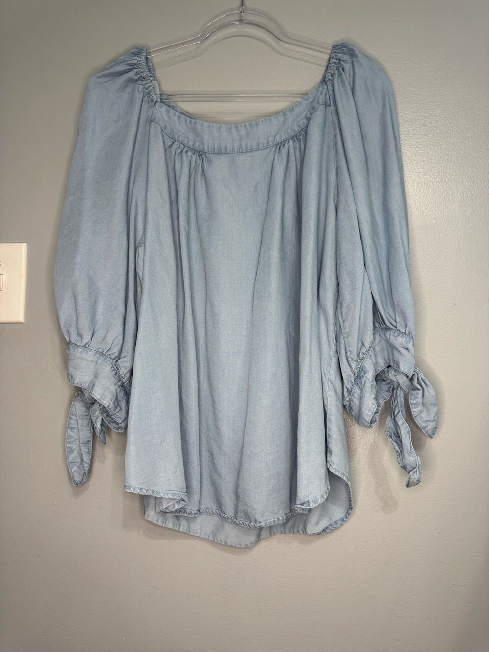 Karen Kane 2X Lyocell Light Blue Off-Shoulder Tie-Sleeve Peasant Blouse Boho